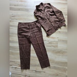 Chocolate Brown 2 Piece 100% LINEN set David Dart Collection Sz M Taper Leg